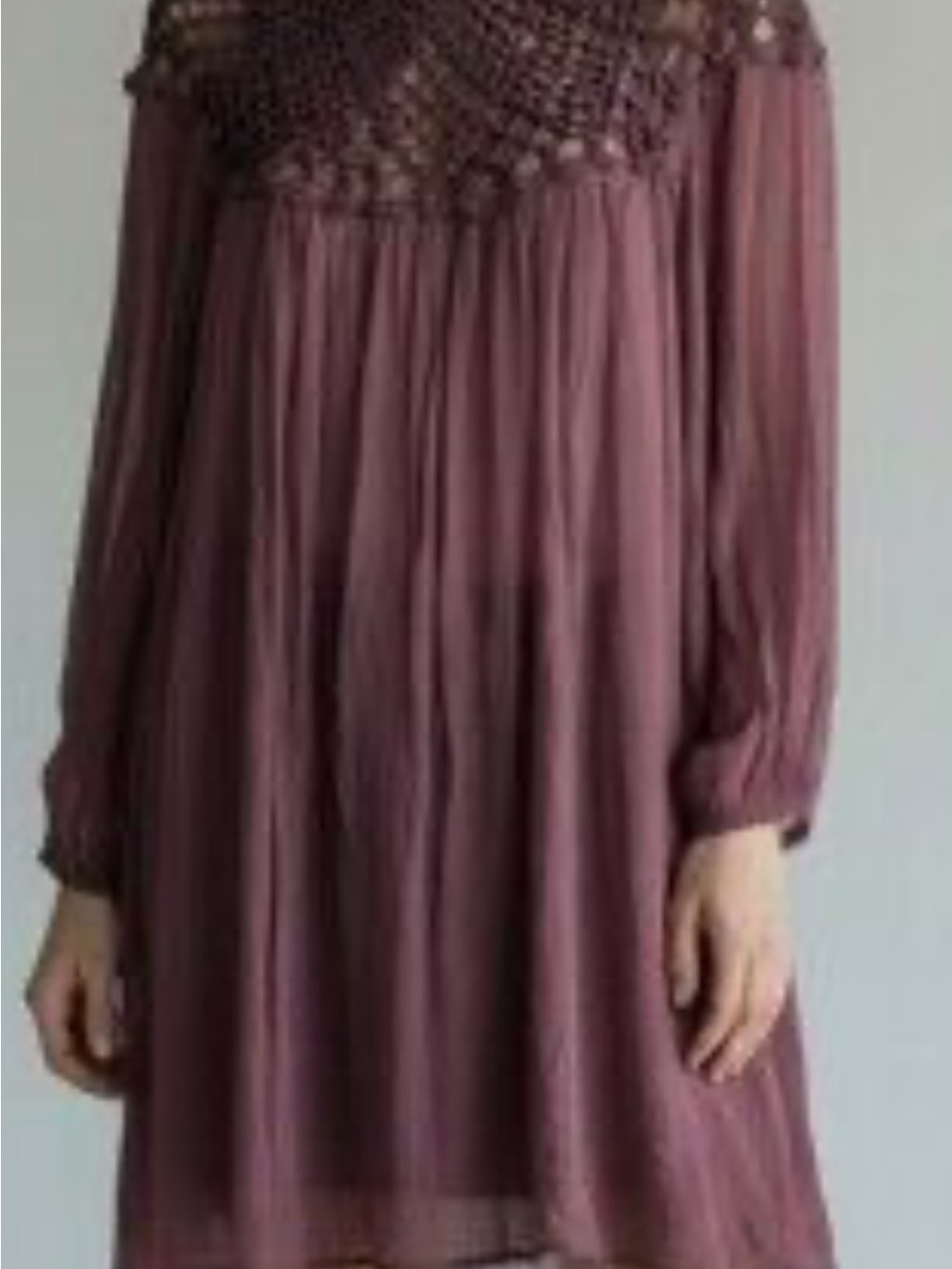 Free People Mauve Crochet-Yoke Long Sleeve Dress
